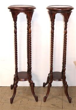 Pair of Nice Mahogany Fern / Plant Stands - Carved Women Above Barley Twist Legs - Each Stand Measures 40 Tall 10 Across