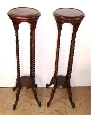 Pair of Nice Mahogany Fern / Plant Stands - Carved Women Above Barley Twist Legs - Each Stand Measures 40 Tall 10 Across