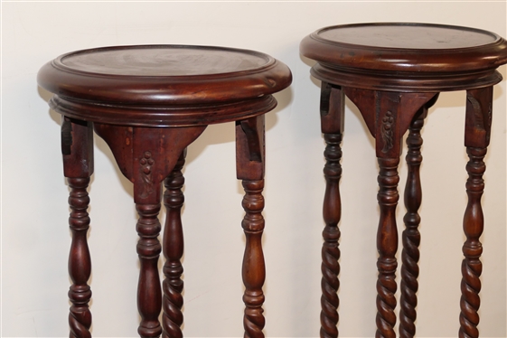Pair of Nice Mahogany Fern / Plant Stands - Carved Women Above Barley Twist Legs - Each Stand Measures 40 Tall 10 Across