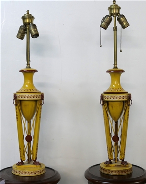 Pair of Italian Metal Table Lamps - Hand Painted Urn Style with Lions Head and Claw Foot Accents - Double Light - Made in Italy - Each Lamp Measures 28 Tall 