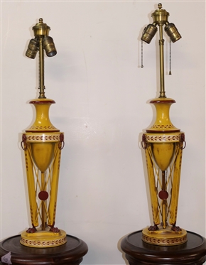 Pair of Italian Metal Table Lamps - Hand Painted Urn Style with Lions Head and Claw Foot Accents - Double Light - Made in Italy - Each Lamp Measures 28 Tall 