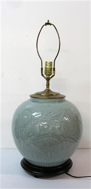 Beautiful Asian Celedon Decorator Table Lamp with Wood Base - Floral Body - No Shade - Very Heavy Lamp - Measures 19 to Bulb - Needs Switch Knob 