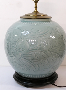 Beautiful Asian Celedon Decorator Table Lamp with Wood Base - Floral Body - No Shade - Very Heavy Lamp - Measures 19 to Bulb - Needs Switch Knob 