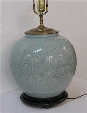Beautiful Asian Celedon Decorator Table Lamp with Wood Base - Floral Body - No Shade - Very Heavy Lamp - Measures 19 to Bulb - Needs Switch Knob 