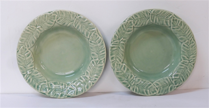 2 Bordallo Pinheiro Rimmed Soup Bowls - Jade Green with Leaf Rims - Each Bowl Measures 9 Across