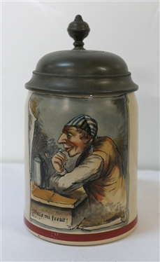 German Beer Stein with Pewter Top - OH with Anchor Engraved on Top - 1/2 Liter Size - Weil''s mi freur with Gentleman - Stein Measures 6 Tall 