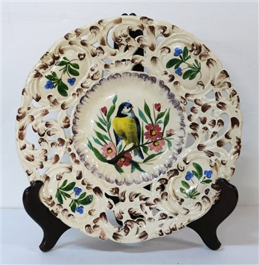Hand Painted Italian Bird Platter with Bird in Center - Pierced Floral Border - Plate Measures 12 Across - Made in Italy - On Back 
