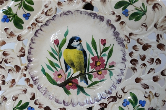 Hand Painted Italian Bird Platter with Bird in Center - Pierced Floral Border - Plate Measures 12 Across - Made in Italy - On Back 