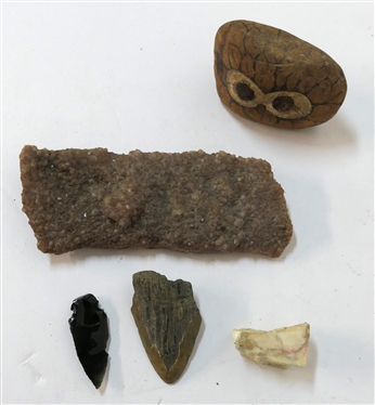 5 Rock Specimens - Onyx Arrow Head, Crystal Slab, Artist Signed Owl Rock, and 2 Others - Crystal Slab Measures 7 1/4 by 3 