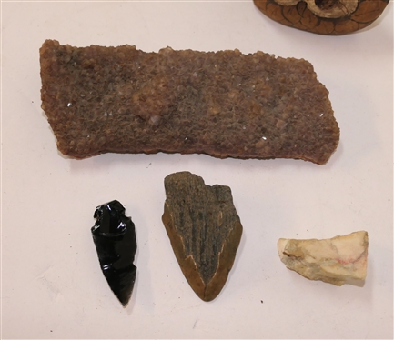 5 Rock Specimens - Onyx Arrow Head, Crystal Slab, Artist Signed Owl Rock, and 2 Others - Crystal Slab Measures 7 1/4 by 3 