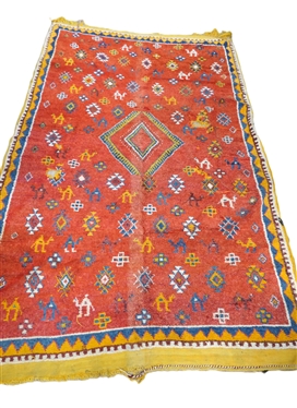 Bright Red and Yellow Moroccan Hand Made Rug with Camels - 2 Damaged Areas - Rug Measures 96 by 61 