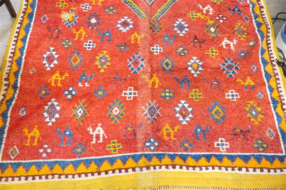 Bright Red and Yellow Moroccan Hand Made Rug with Camels - 2 Damaged Areas - Rug Measures 96 by 61 