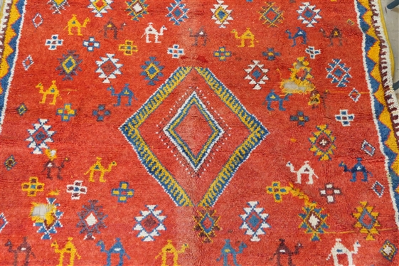 Bright Red and Yellow Moroccan Hand Made Rug with Camels - 2 Damaged Areas - Rug Measures 96 by 61 