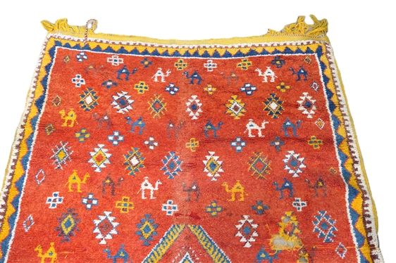 Bright Red and Yellow Moroccan Hand Made Rug with Camels - 2 Damaged Areas - Rug Measures 96 by 61 