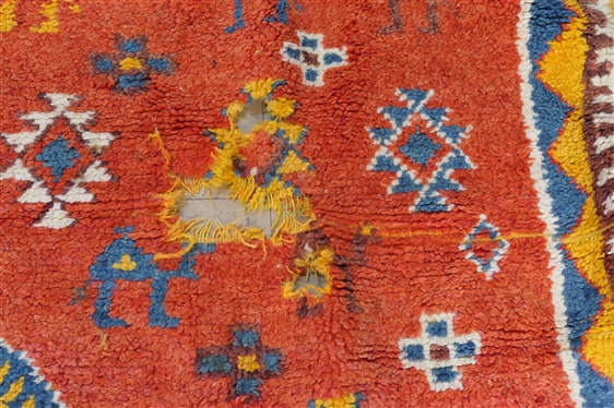 Bright Red and Yellow Moroccan Hand Made Rug with Camels - 2 Damaged Areas - Rug Measures 96 by 61 