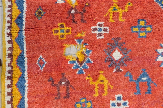 Bright Red and Yellow Moroccan Hand Made Rug with Camels - 2 Damaged Areas - Rug Measures 96 by 61 