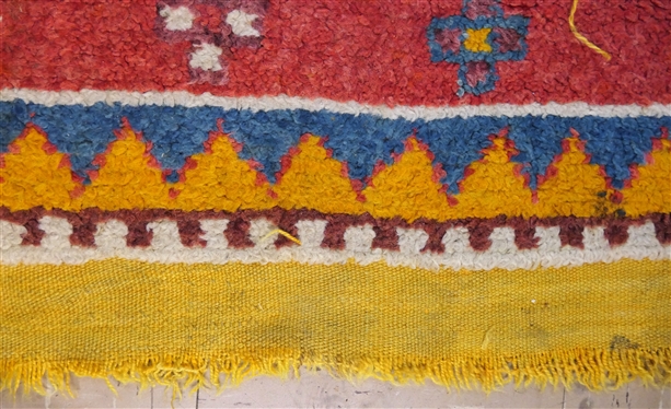 Bright Red and Yellow Moroccan Hand Made Rug with Camels - 2 Damaged Areas - Rug Measures 96 by 61 