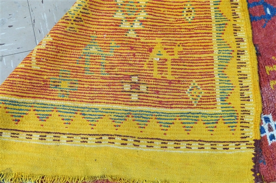 Bright Red and Yellow Moroccan Hand Made Rug with Camels - 2 Damaged Areas - Rug Measures 96 by 61 