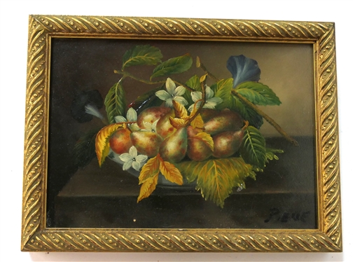 Small Original Fruit and Floral Still Life Painting on Board Signed by Artist Pieue - Framed in Gold Gilt-  Frame is 8 by 6 