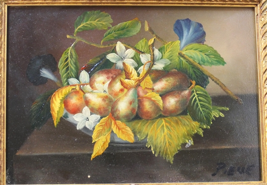 Small Original Fruit and Floral Still Life Painting on Board Signed by Artist Pieue - Framed in Gold Gilt-  Frame is 8 by 6 