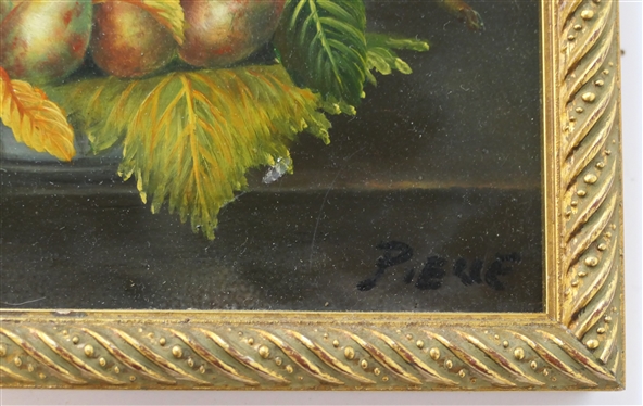 Small Original Fruit and Floral Still Life Painting on Board Signed by Artist Pieue - Framed in Gold Gilt-  Frame is 8 by 6 