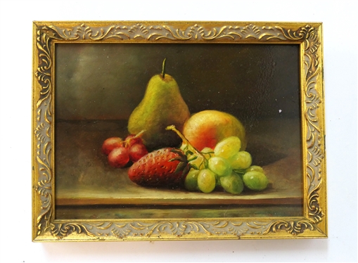 Pretty Small Fruit Still Life Painting on Wood Board - Framed in Gold Gilt Frame - Frame is 6 by 8