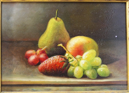 Pretty Small Fruit Still Life Painting on Wood Board - Framed in Gold Gilt Frame - Frame is 6 by 8
