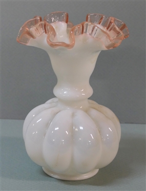 White Fenton Pink Crest Ribbed Vase - 6 Tall 4 1/2 Across