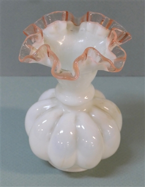 White Fenton Pink Crest Ribbed Vase - 6 Tall 4 1/2 Across