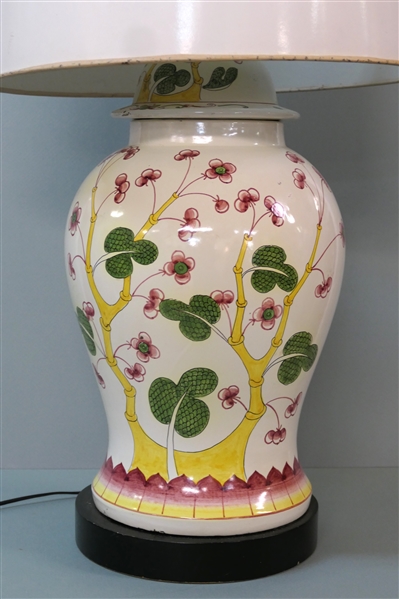 Large Asian Urn Style Decorator Vase with Cherry Blossoms, Wood Base - 2 Lights - Lamp Measures 24" to Bulb 