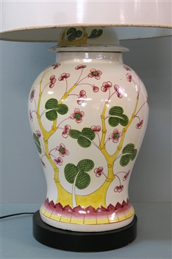 Large Asian Urn Style Decorator Vase with Cherry Blossoms, Wood Base - 2 Lights - Lamp Measures 24 to Bulb 