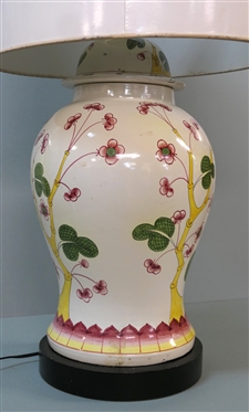 Large Asian Urn Style Decorator Vase with Cherry Blossoms, Wood Base - 2 Lights - Lamp Measures 24 to Bulb 