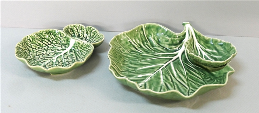 Bordallo Pinheiro - Portugal - Cabbage Leaf Bowls with Attached Sauce / Dip Bowl - Largest Measures 9 1/2 Across - Smaller with Small Chip is 7 1/4 buy 5 3/4 