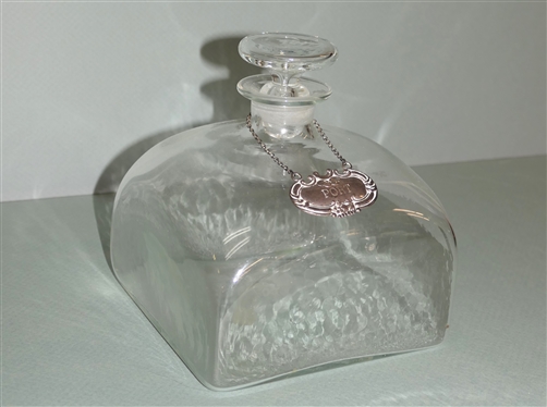 Hand Blown Square Decanter with Sterling Silver Port Tag - Decanter Measures 6 1/2 Tall 6 Wide
