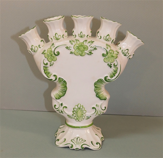 Hand Painted Italian "Finger" Vase = Green Hand Painted Flowers - Holds 5 Flowers - Made in Italy - Vase is 9 3/4" Tall