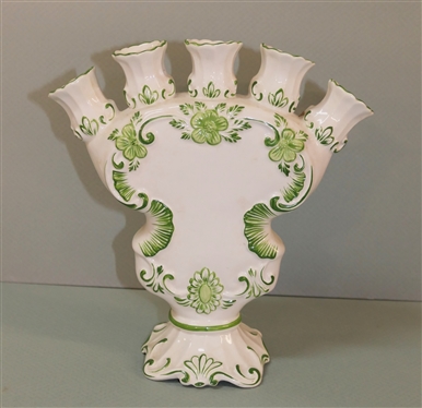 Hand Painted Italian Finger Vase = Green Hand Painted Flowers - Holds 5 Flowers - Made in Italy - Vase is 9 3/4 Tall