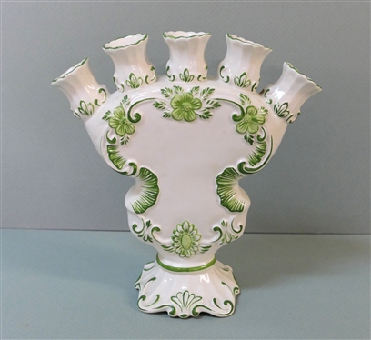 Hand Painted Italian Finger Vase = Green Hand Painted Flowers - Holds 5 Flowers - Made in Italy - Vase is 9 3/4 Tall