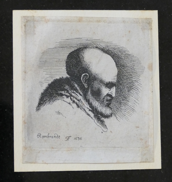 Rembrandt  Etching "Bald Man with Beard Looking Down" Rembrandt 1636 - Beautifully Framed in Black and Gold Shadow Box Frame - Frame Measures 11" by 10" - Etching Measures approx. 3" by 2 1/2" 