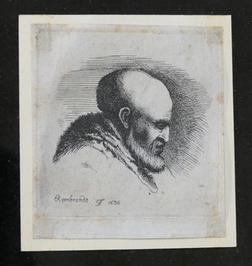 Rembrandt  Etching Bald Man with Beard Looking Down Rembrandt 1636 - Beautifully Framed in Black and Gold Shadow Box Frame - Frame Measures 11 by 10 - Etching Measures approx. 3 by 2 1/2 