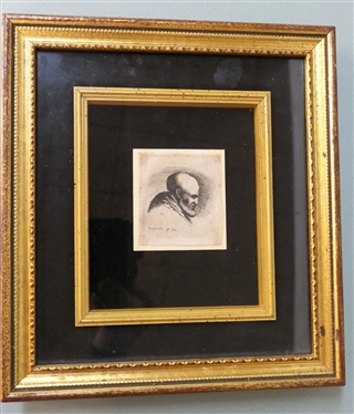 Rembrandt  Etching Bald Man with Beard Looking Down Rembrandt 1636 - Beautifully Framed in Black and Gold Shadow Box Frame - Frame Measures 11 by 10 - Etching Measures approx. 3 by 2 1/2 
