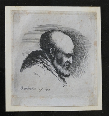 Rembrandt  Etching Bald Man with Beard Looking Down Rembrandt 1636 - Beautifully Framed in Black and Gold Shadow Box Frame - Frame Measures 11 by 10 - Etching Measures approx. 3 by 2 1/2 