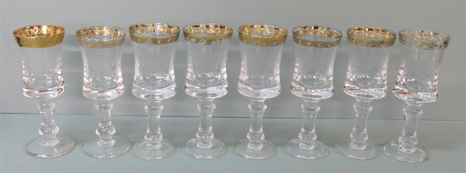 8 Etched Goblets with Leaves and Vines - Gold Trim - Substantial Foot and Stem - Each Glass Measures 6 3/4" Tall 