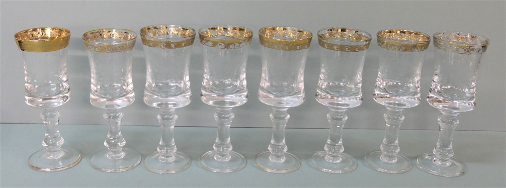 8 Etched Goblets with Leaves and Vines - Gold Trim - Substantial Foot and Stem - Each Glass Measures 6 3/4 Tall 