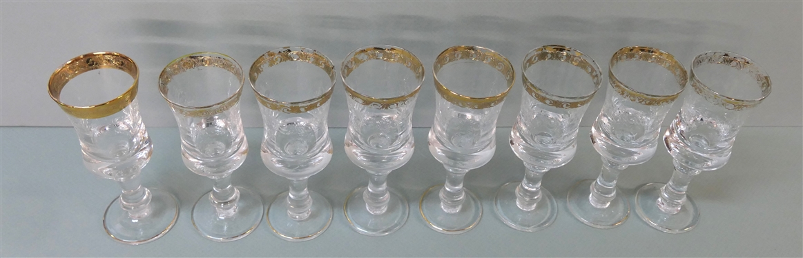 8 Etched Goblets with Leaves and Vines - Gold Trim - Substantial Foot and Stem - Each Glass Measures 6 3/4 Tall 