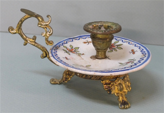 Unusual China and Brass Claw Footed Chamberstick Candle Stick - Plate Marked BX - Candle Stick Measures 3 1/2 Tall 