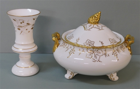 Royal Crown Derby Vine Bone China Covered Dish and Milk Glass Vase with Gold Decoration - Covered Dish Measures 6 Tall 9 Handle to Handle