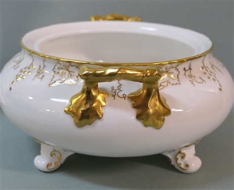 Royal Crown Derby Vine Bone China Covered Dish and Milk Glass Vase with Gold Decoration - Covered Dish Measures 6 Tall 9 Handle to Handle