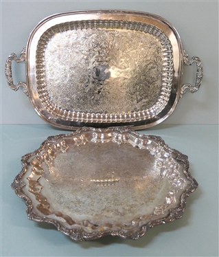 2 Silverplate Trays - Round Footed Waverly by Wallace and Oval with Double Handles - Waverly Platter Measures 17 Across
