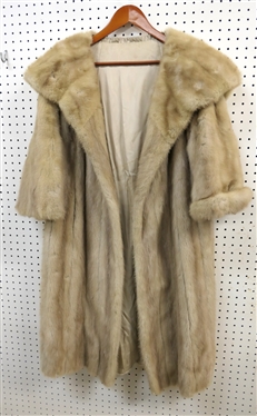Blonde Mink 3/4 Length Coat - 3/4 Length Sleeves - Pretty Embroidered Lining - Monogrammed - Size Medium - Large - No Size Tag