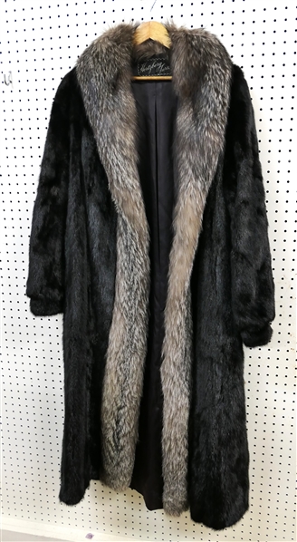 Incredible Full Length Black Fur Coat with Raccoon Trim - From Hertzberg Furs - Size Large 